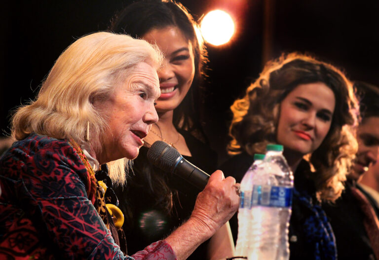 Linda Kline with A CLASS ACT cast members Reanne Acasio and Alex Lanning at Weathervane's talkback series in August. Photo by Lew Whitener