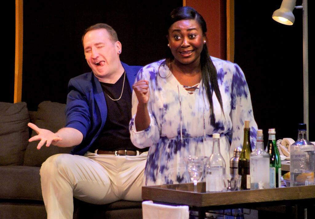 Ethan Paulini as Gerald and Jewell Noel as Corky in Steve Martin's zany new comedy METEOR SHOWER at Weathervane Theatre. Photo by Carrie Greenberg.