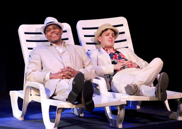 Robert H. Fowler and Jorge Donoso as Lawrence Jameson and Freddy Benson in Weathervane Theatre's DIRTY ROTTEN SCOUNDRELS. August 2023. Photo by Carrie Greenberg.