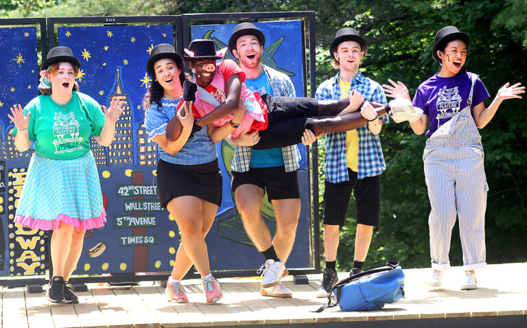The cast of Weathervane Theatre's 2023 Patchwork Players production of MARY HAD A LITTLE HAM. Left to Right:Madison Mintzer, Langley Leilani, Jaheim Hugan, Evan Lilienthal, Jack Prisco, and Justine So. Photo by Carrie Greenberg.
