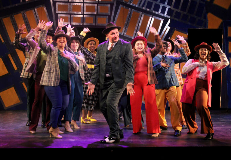 Ethan Paulini and Company perform "Oldest Established" in Weathervane Theatre's GUYS AND DOLLS. September 2023. Photo by Carrie Greenberg