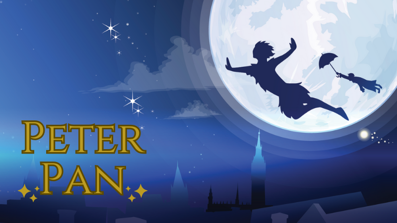 Peter Pan Logo - London Night Sky with silhouette of Peter Pan and Darling child against full moon