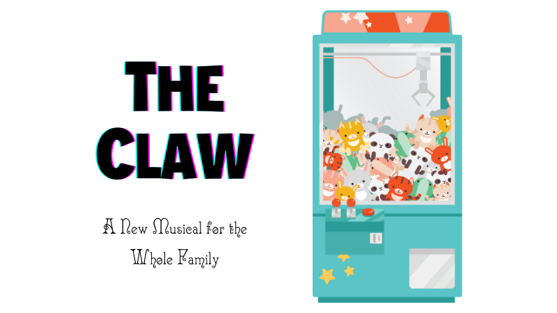 Logo for The Claw Musical and a graphic of a vending machine with stuffed animals