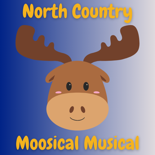 Cartoon Moose head against blue gradient background. North Country Moosical Musical Logo