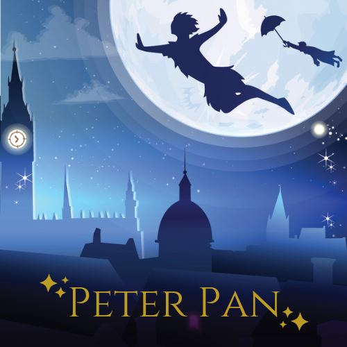 London Night Sky with silhouettes of Peter Pan and the Darling Children. Peter Pan text across the bottom