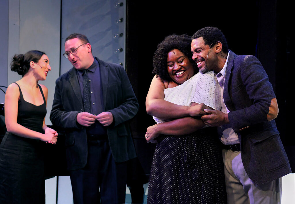 Julia Bogdanoff, Ethan Paulini, Shinnerrie Jackson, and Robert H. Fowler in the world premiere musical THE STORY GOES ON at Weathervane Theatre. July 2024. Photo: Lew Whitener