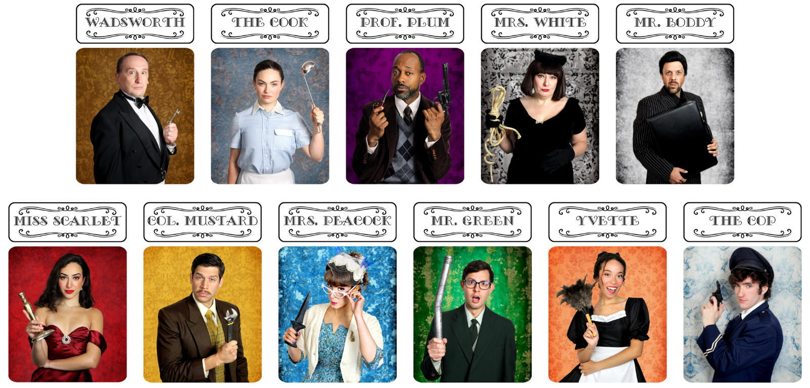 The cast of Weathervane Theatre's production of CLUE