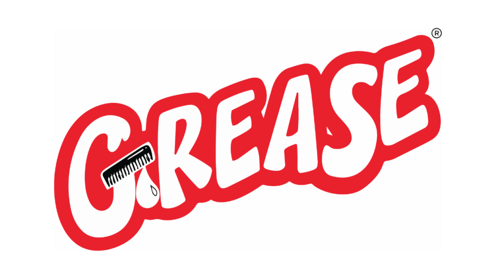 logo for Grease the musical. Grease in white block letters outlined in red, with a comb dripping Grease as the line in the G