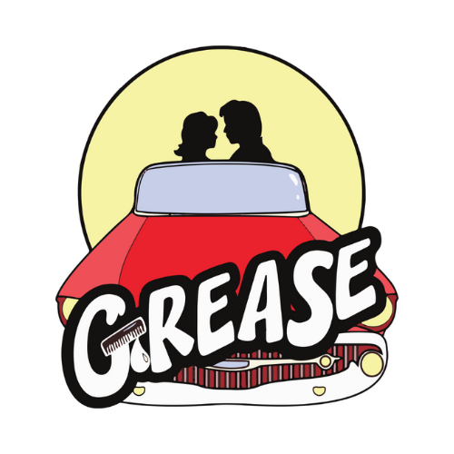 logo for Grease the musical - silhouette of boy and girl sitting in 1950s red car with the word Grease written the hood in white lettering and black outline.