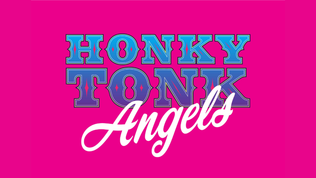 Logo for Honky Tonk Angels in Blue and White lettering against a hot pink background.