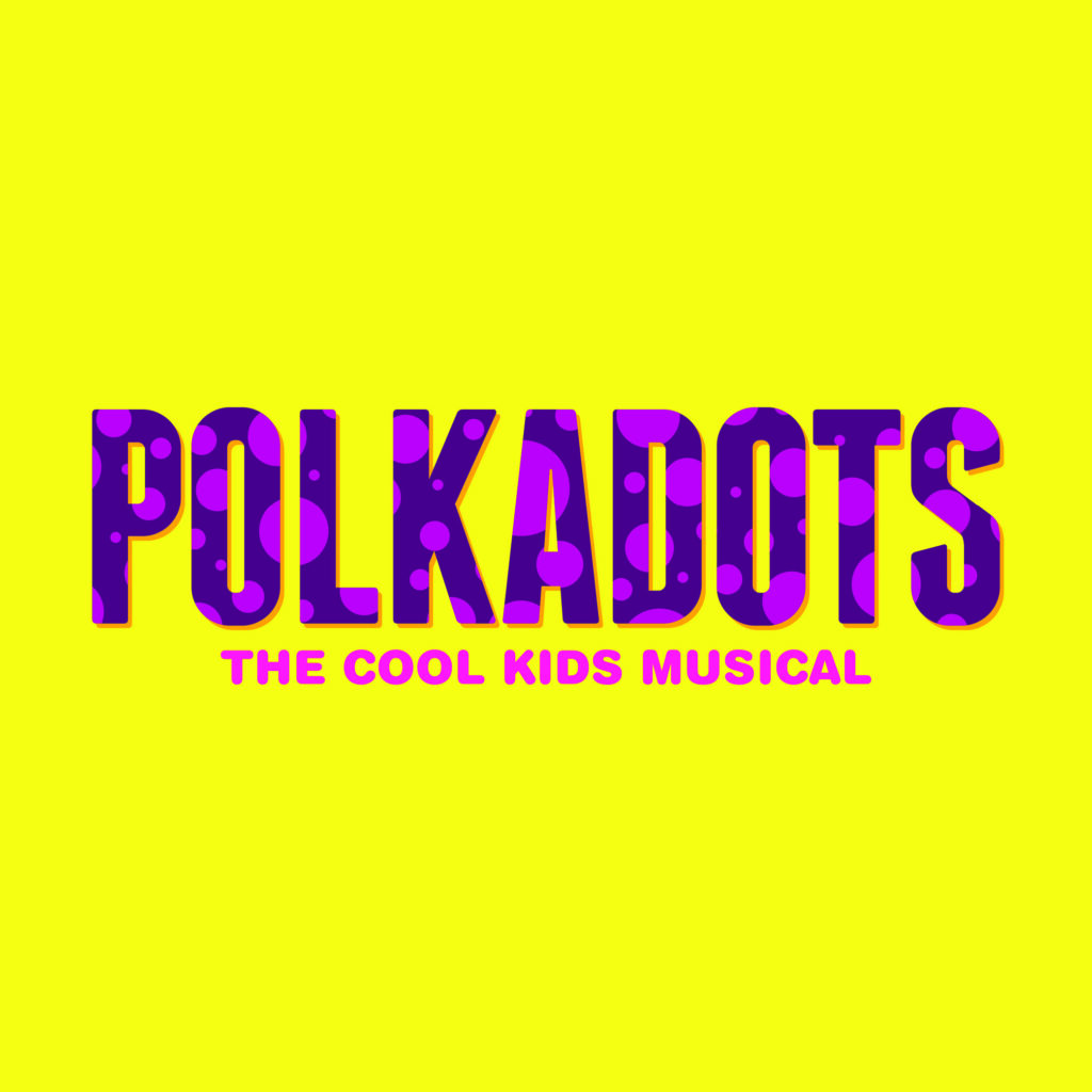 logo for Polkadots The Cool Kids Musical against a yellow background