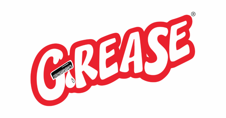 the word grease written in white block letters with red outline. A comb makes part of the letter G. White background