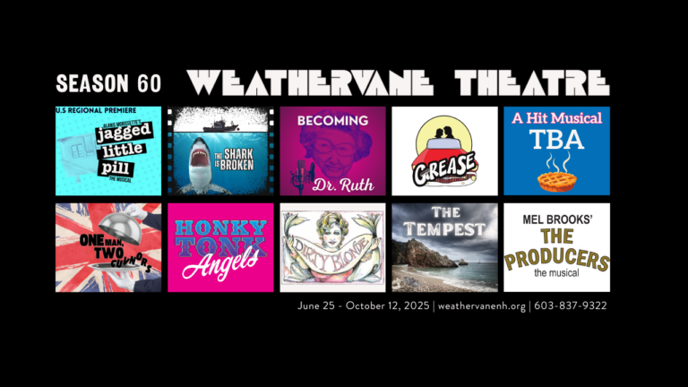 A gallery of logos representing Weathervane's 60th season Top Row: Jagged Little Pill, Shark is Broken, Becoming Dr. Ruth, Grease, TBA Bottom Row: One Man Two Guvnors, Honky Tonk Angels, Dirty Blonde, The Tempest, Mel Brooks' The Producers