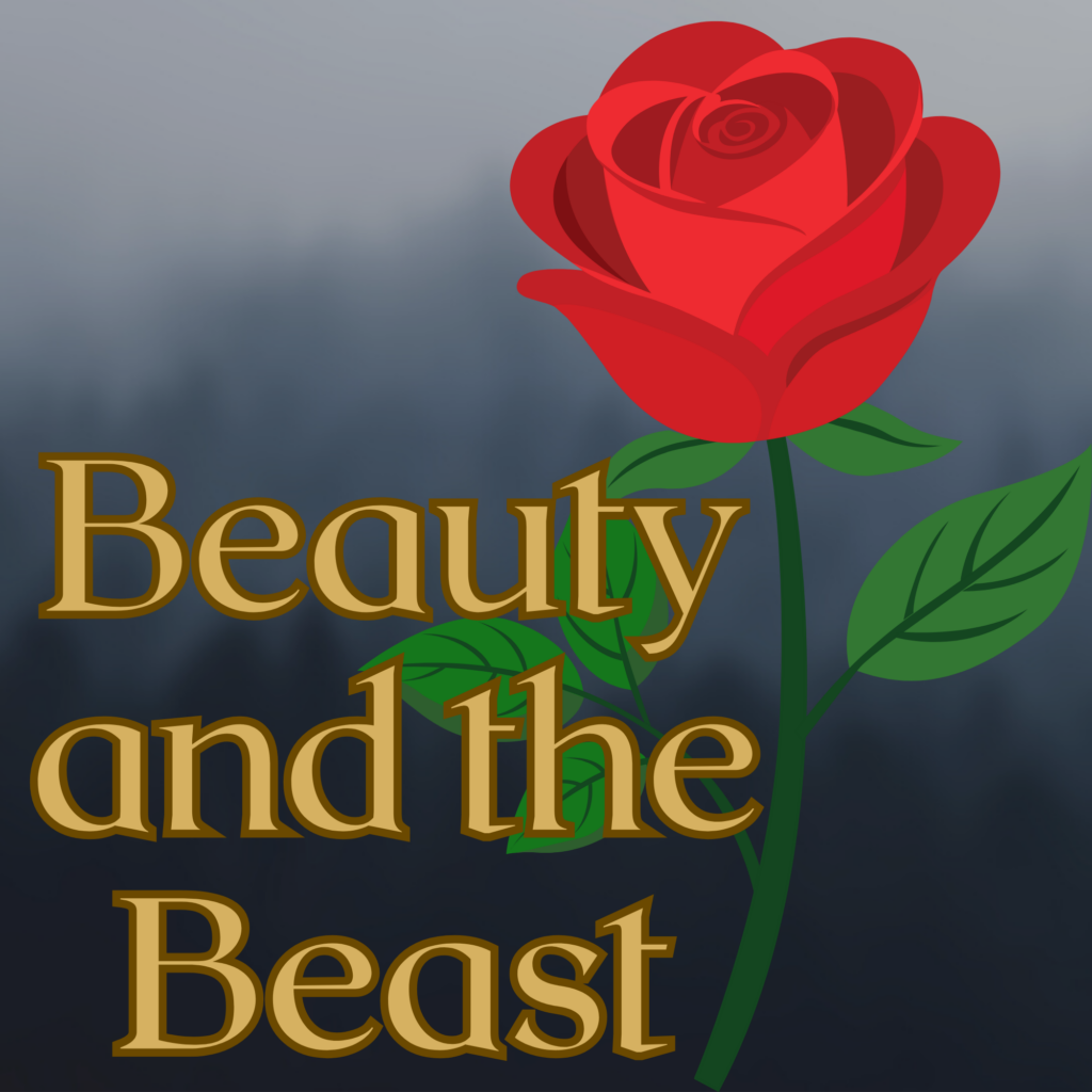Smoky navy background with red rose and words Beauty and the Beast in gold.