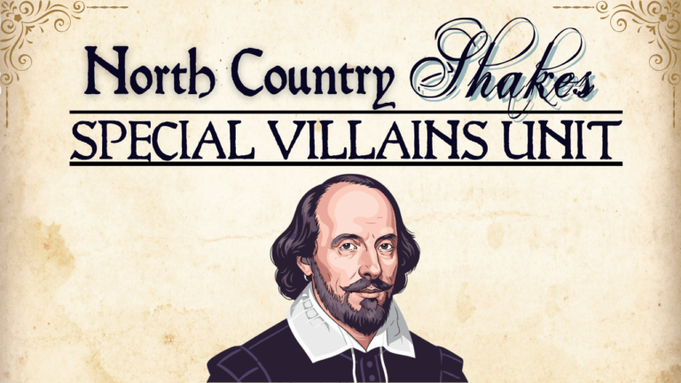 drawing of William Shakespeare against antique paper with the words North Country Shakes Special Villains Unit written above in Shakespearean font