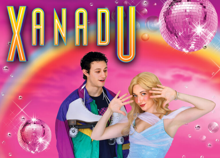 Man in 80s clothes spellbound by woman in 80s clothes who looks into camera against a campy disco backdrop