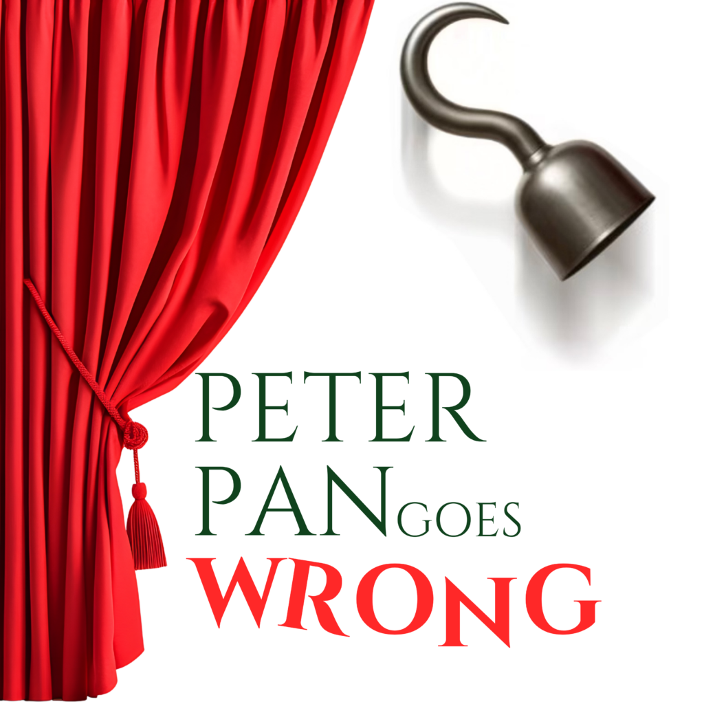 red curtain and a hook with the words Peter Pan in green and the word "Wrong" in red letters falling