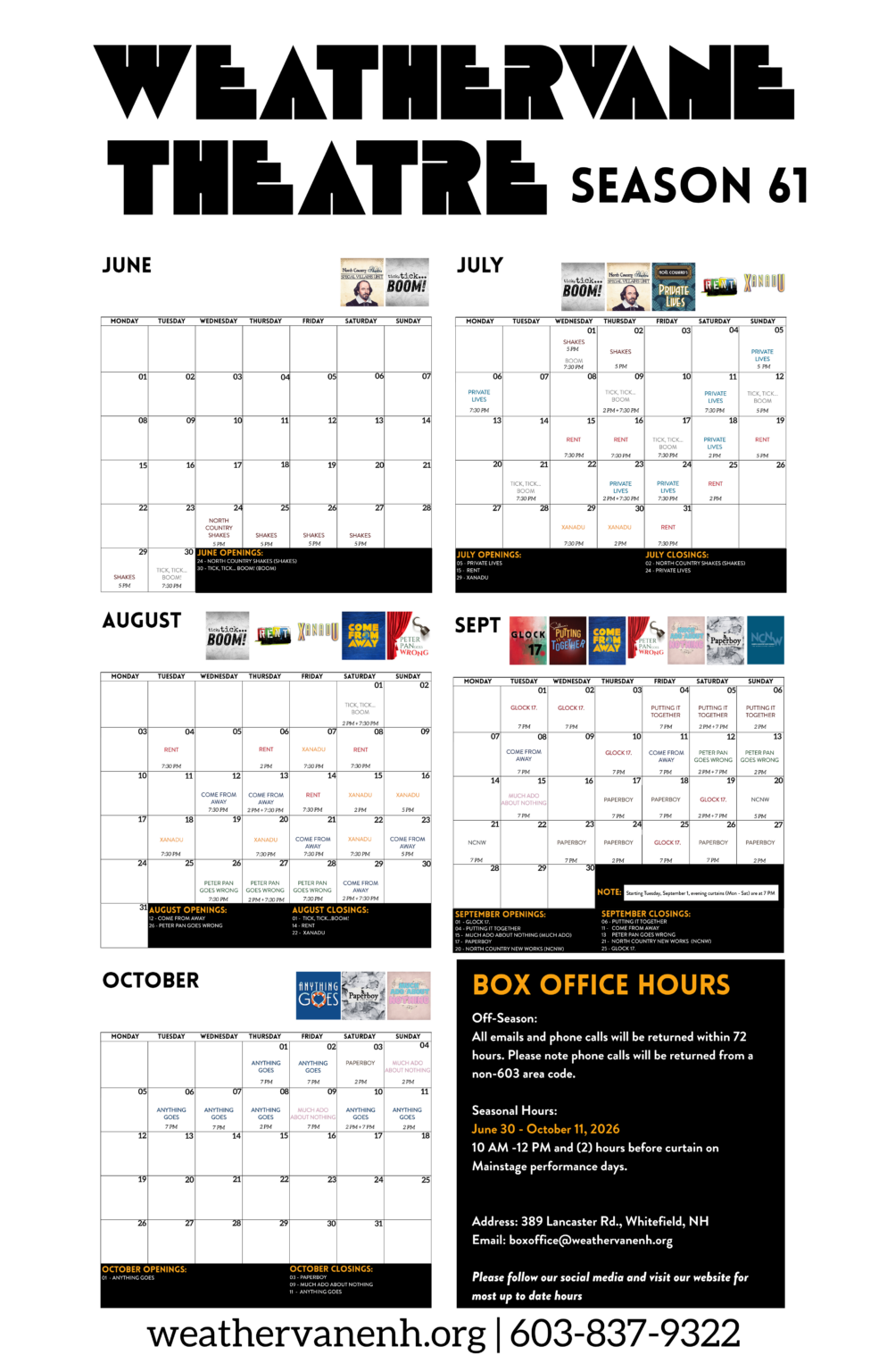 June - October 2026 Weathervane Theatre Performance Calendar